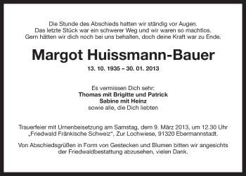 Anzeige von Margot Huissmann-Bauer von Nordbayerischer Kurier