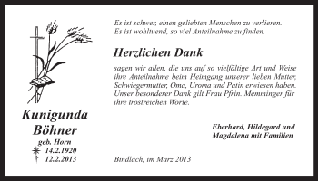 Anzeige von Kunigunda Böhner von Nordbayerischer Kurier