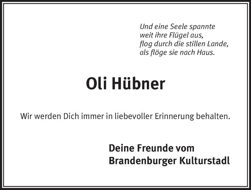  Traueranzeige für Oliver Hübner vom 02.03.2013 aus Nordbayerischer Kurier