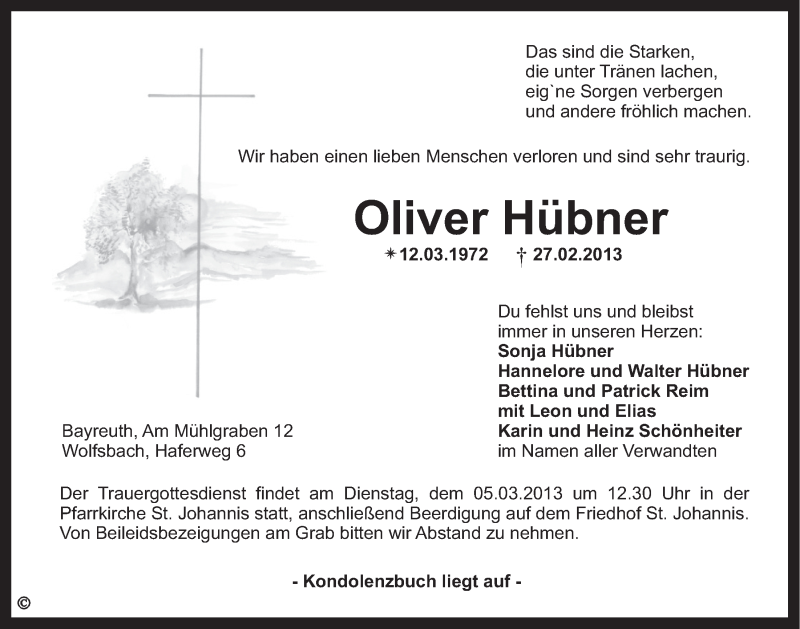  Traueranzeige für Oliver Hübner vom 02.03.2013 aus Nordbayerischer Kurier