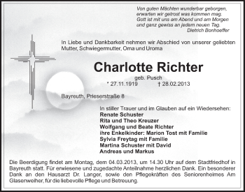 Anzeige von Charlotte Richter von Nordbayerischer Kurier