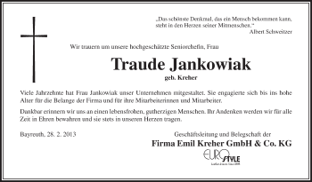 Anzeige von Traude Jankowiak von Nordbayerischer Kurier