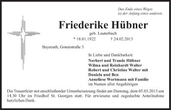 Anzeige von Friederike Hübner von Nordbayerischer Kurier