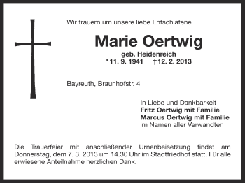 Anzeige von Marie Oertwig von Nordbayerischer Kurier