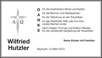 Anzeige von Wilfried Hutzler von Nordbayerischer Kurier