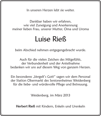 Anzeige von Luise Rieß von Nordbayerischer Kurier