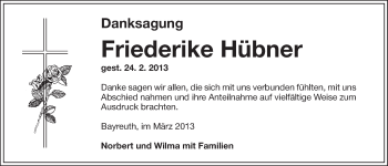 Anzeige von Friederike Hübner von Nordbayerischer Kurier