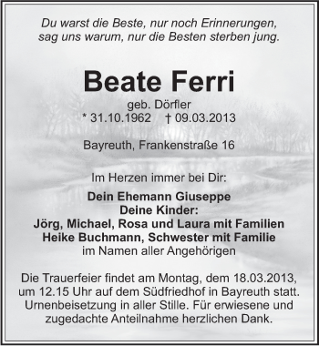 Anzeige von Beate Ferri von Nordbayerischer Kurier