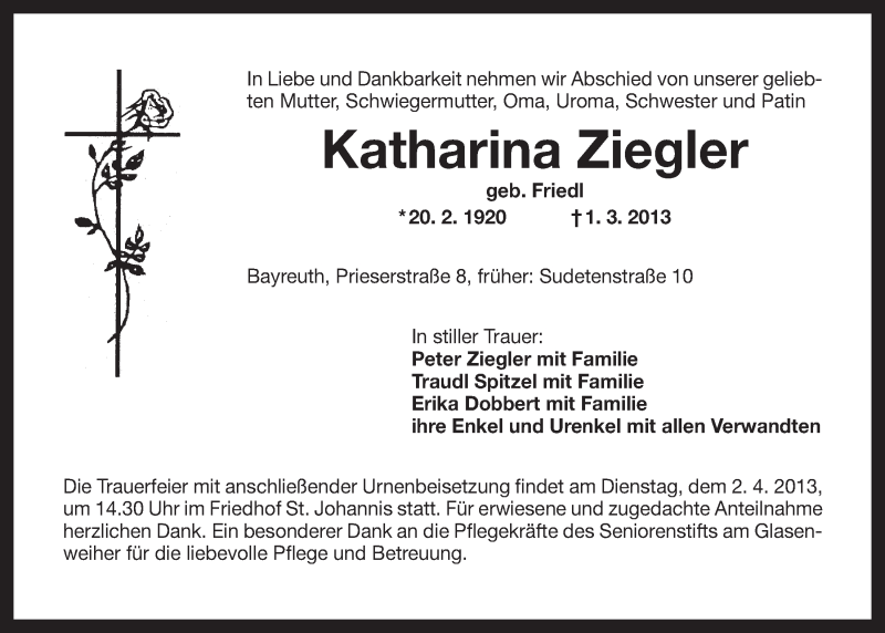  Traueranzeige für Katharina Ziegler vom 30.03.2013 aus Nordbayerischer Kurier
