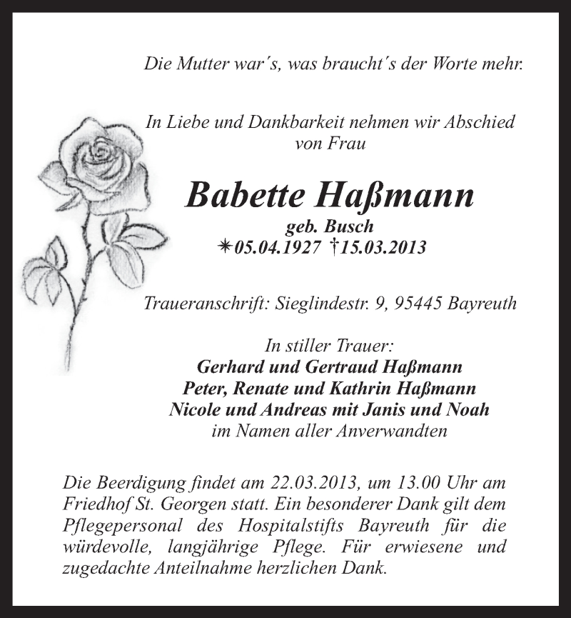  Traueranzeige für Babette Haßmann vom 18.03.2013 aus Nordbayerischer Kurier