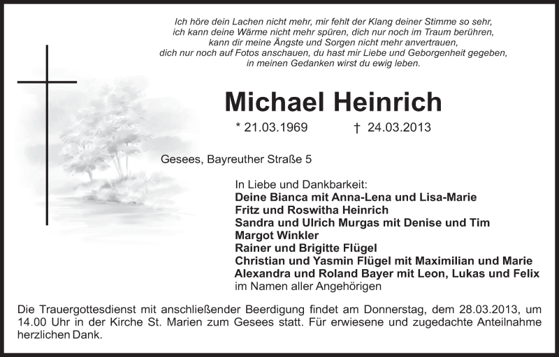  Traueranzeige für Michael Heinrich vom 26.03.2013 aus Nordbayerischer Kurier
