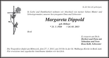 Anzeige von Margareta Dippold von Nordbayerischer Kurier