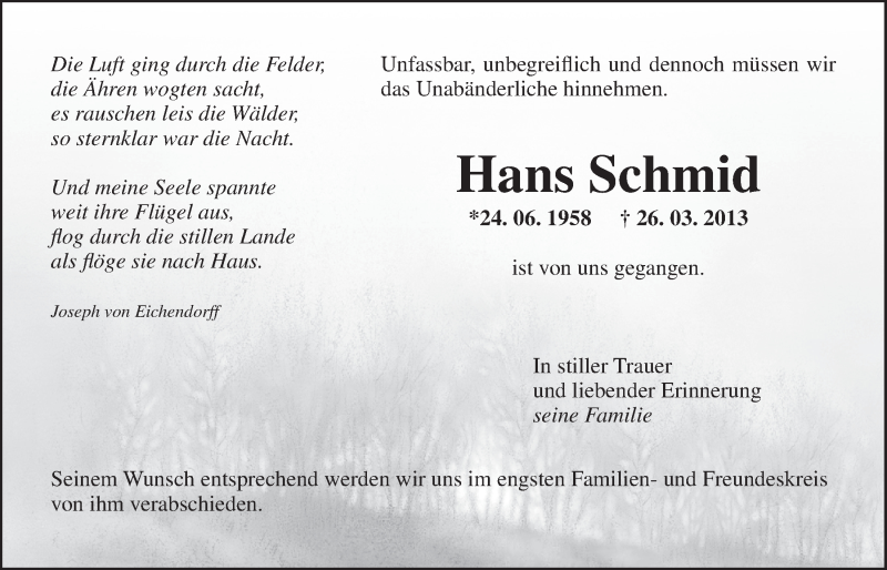  Traueranzeige für Hans Schmid vom 30.03.2013 aus Nordbayerischer Kurier