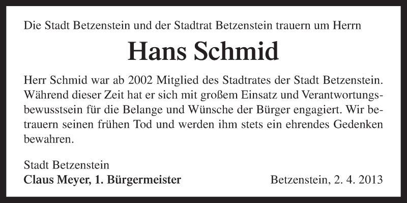  Traueranzeige für Hans Schmid vom 02.04.2013 aus Nordbayerischer Kurier