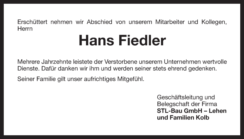  Traueranzeige für Hans Fiedler vom 06.04.2013 aus Nordbayerischer Kurier