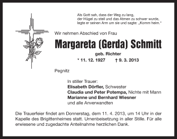 Anzeige von Margareta Schmitt von Nordbayerischer Kurier