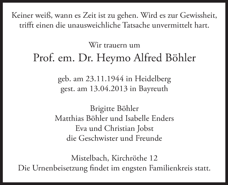  Traueranzeige für Heymo Alfred Böhler vom 18.04.2013 aus Nordbayerischer Kurier