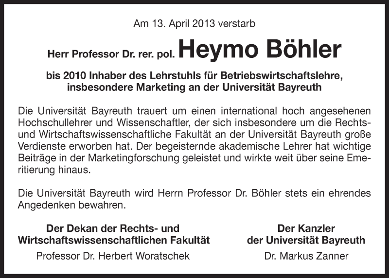  Traueranzeige für Heymo Alfred Böhler vom 19.04.2013 aus Nordbayerischer Kurier
