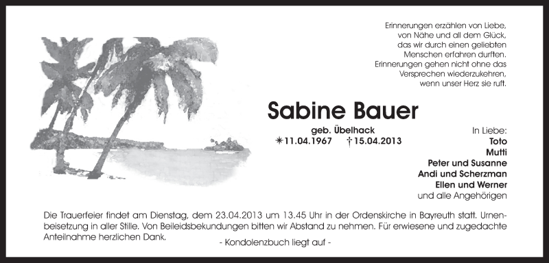  Traueranzeige für Sabine Bauer vom 20.04.2013 aus Nordbayerischer Kurier