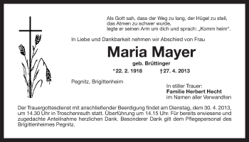 Anzeige von Maria Mayer von Nordbayerischer Kurier