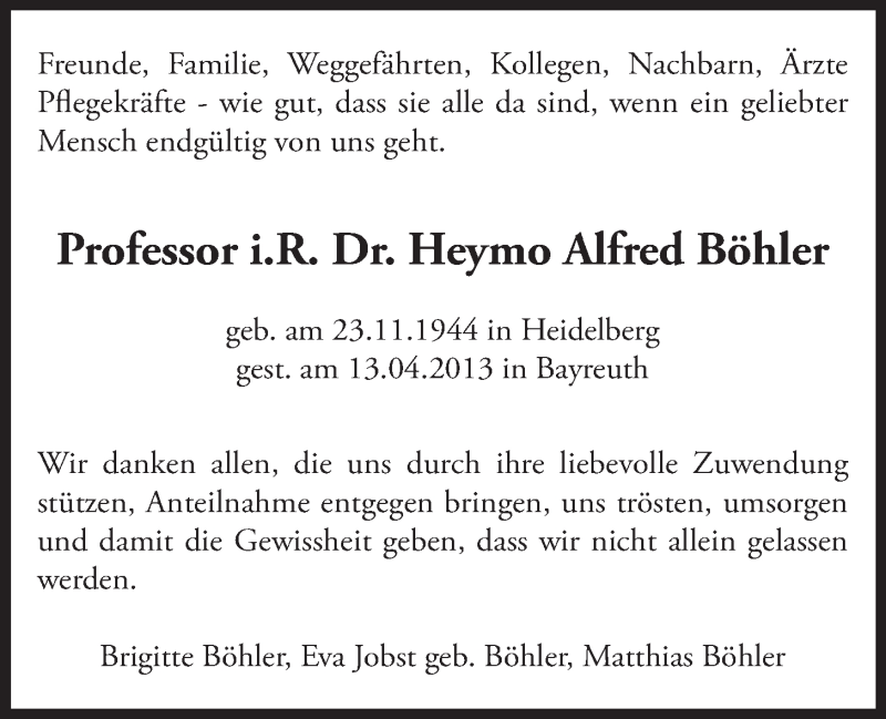  Traueranzeige für Heymo Alfred Böhler vom 07.05.2013 aus Nordbayerischer Kurier