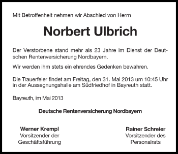 Anzeige von Norbert Ulbrich von Nordbayerischer Kurier