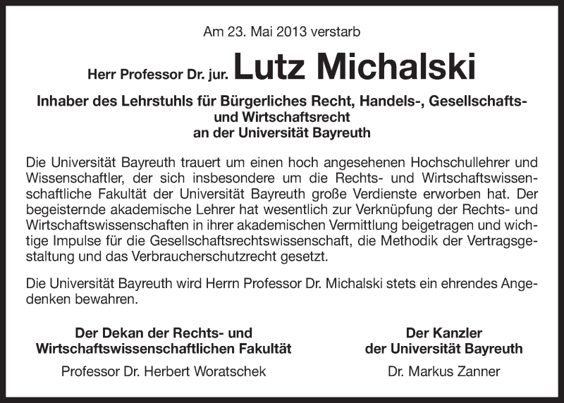  Traueranzeige für Lutz Michalski vom 03.06.2013 aus Nordbayerischer Kurier