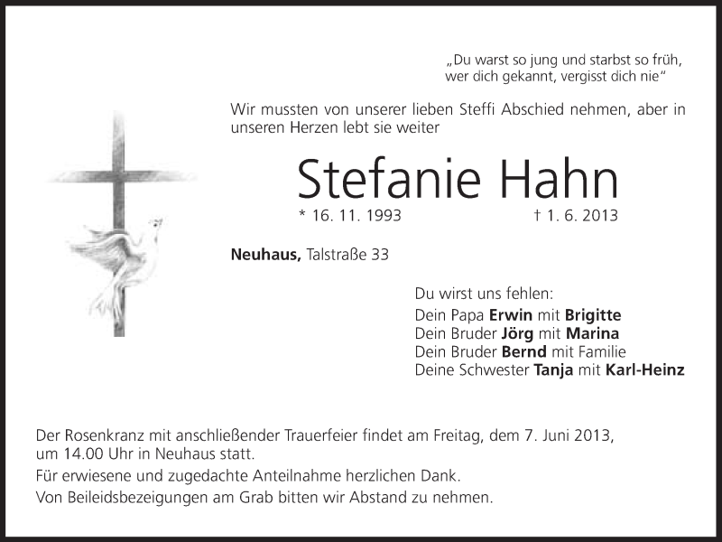  Traueranzeige für Stefanie Hahn vom 05.06.2013 aus Nordbayerischer Kurier
