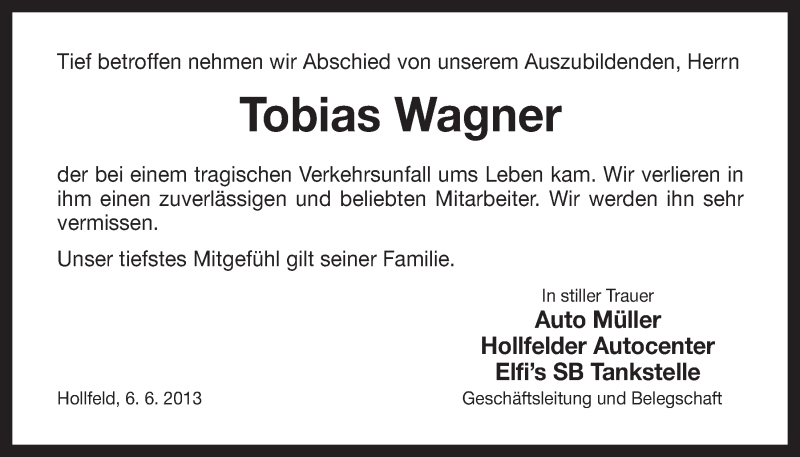  Traueranzeige für Tobias Wagner vom 06.06.2013 aus Nordbayerischer Kurier