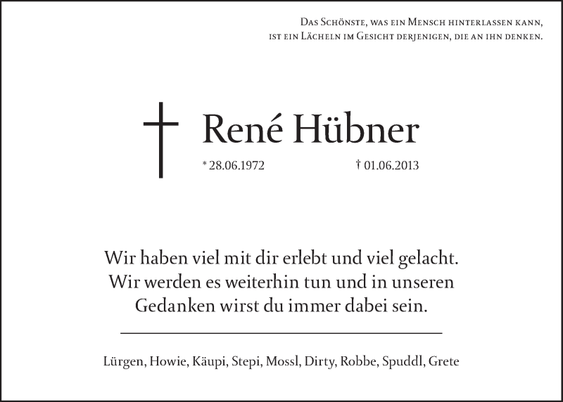  Traueranzeige für René Hübner vom 05.06.2013 aus Nordbayerischer Kurier