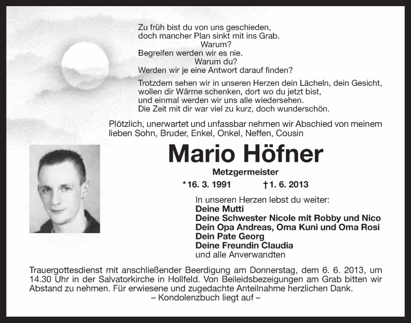 Traueranzeige für Mario Höfner vom 05.06.2013 aus Nordbayerischer Kurier