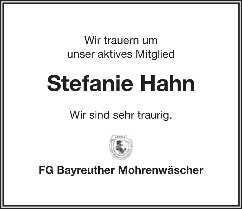  Traueranzeige für Stefanie Hahn vom 07.06.2013 aus Nordbayerischer Kurier