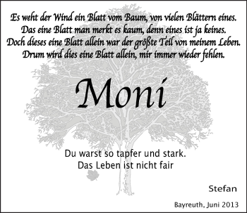 Anzeige von Monika Förstl von Nordbayerischer Kurier