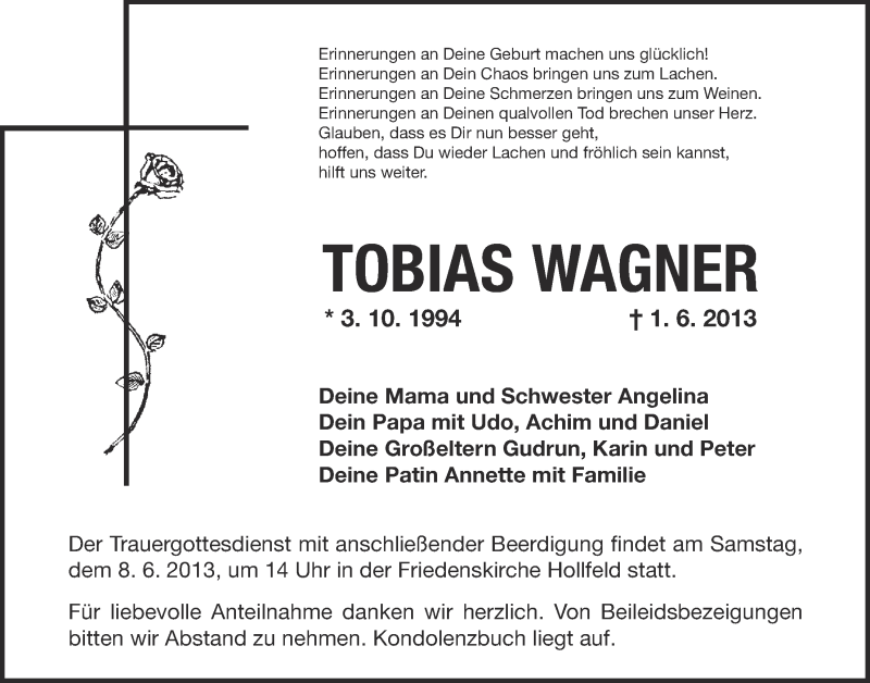  Traueranzeige für Tobias Wagner vom 06.06.2013 aus Nordbayerischer Kurier