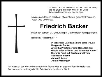 Anzeige von Friedrich Backer von Nordbayerischer Kurier