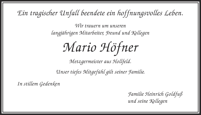  Traueranzeige für Mario Höfner vom 08.06.2013 aus Nordbayerischer Kurier