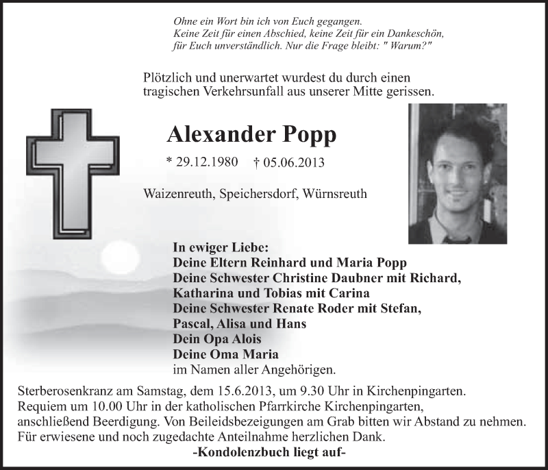  Traueranzeige für Alexander Popp vom 13.06.2013 aus Nordbayerischer Kurier