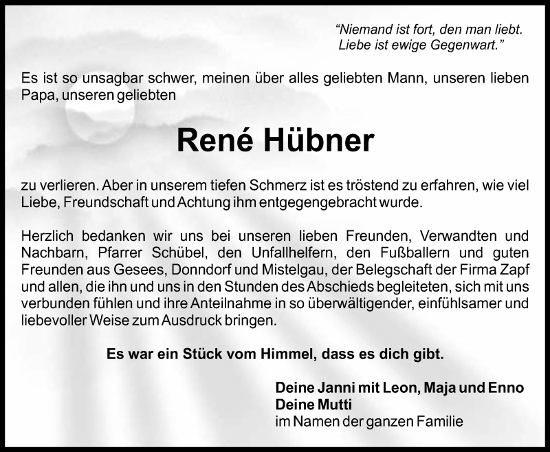  Traueranzeige für René Hübner vom 22.06.2013 aus Nordbayerischer Kurier
