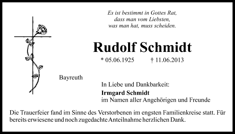  Traueranzeige für Rudolf Schmidt vom 22.06.2013 aus Nordbayerischer Kurier
