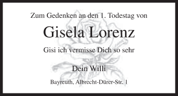 Anzeige von Gisela Lorenz von Nordbayerischer Kurier