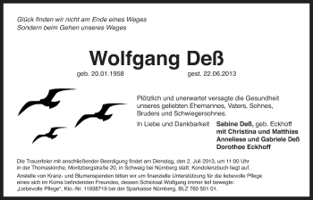 Anzeige von Wolfgang Deß von Nordbayerischer Kurier