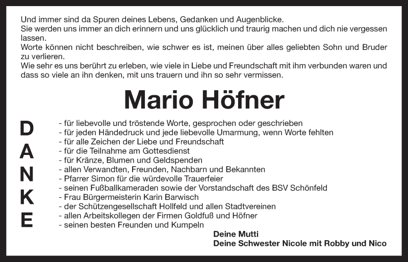  Traueranzeige für Mario Höfner vom 29.06.2013 aus Nordbayerischer Kurier