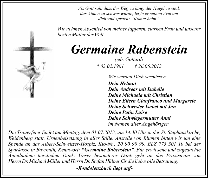  Traueranzeige für Germaine Rabenstein vom 29.06.2013 aus Nordbayerischer Kurier