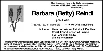 Anzeige von Barbara Reindl von Nordbayerischer Kurier