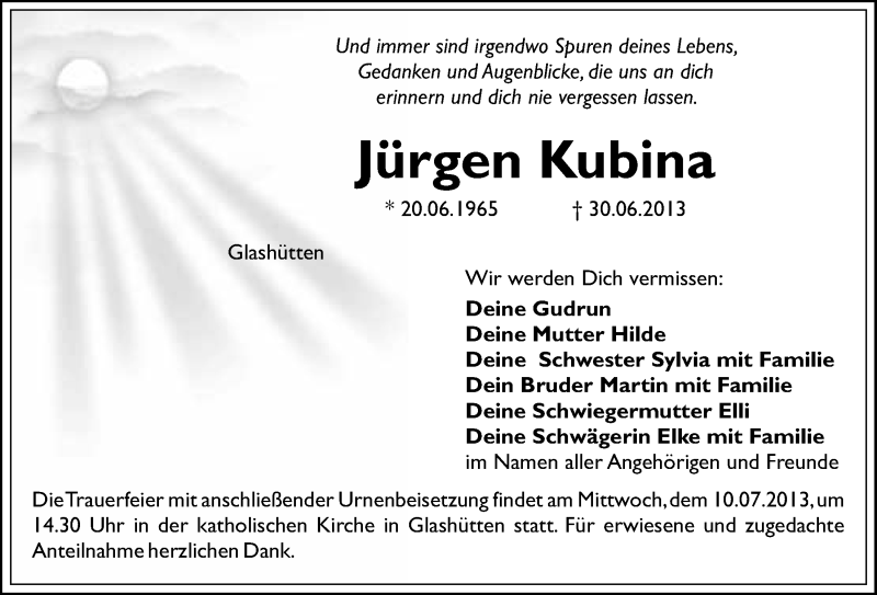  Traueranzeige für Jürgen Kubina vom 06.07.2013 aus Nordbayerischer Kurier