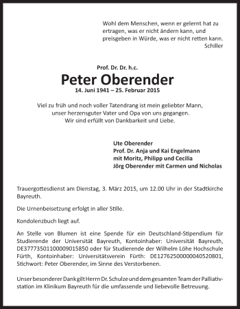 Anzeige von Peter Oberender von Nordbayerischer Kurier