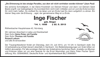Anzeige von Inge Fischer von Nordbayerischer Kurier