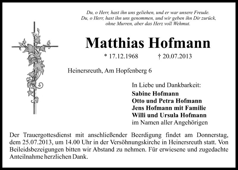 Traueranzeige für Matthias Hofmann vom 23.07.2013 aus Nordbayerischer Kurier