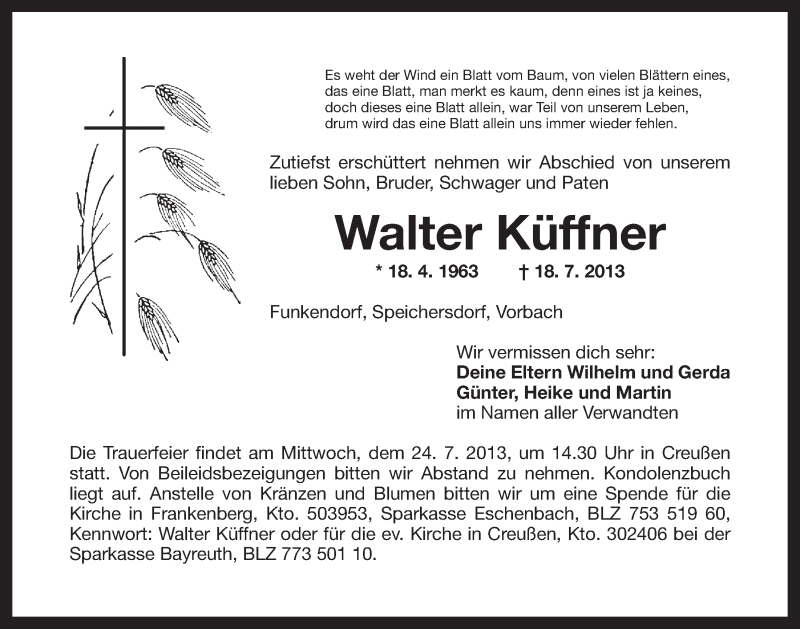  Traueranzeige für Walter Küffner vom 23.07.2013 aus Nordbayerischer Kurier