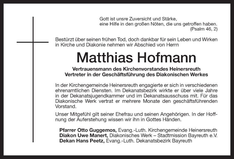  Traueranzeige für Matthias Hofmann vom 25.07.2013 aus Nordbayerischer Kurier